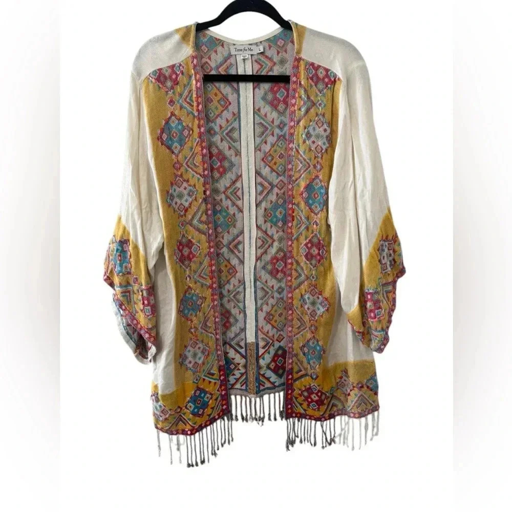 Time for Me Boho Indian Western Aztec Embroidered Kimono Top Size Lg Colorful